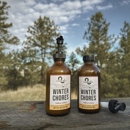 Two bottles of Winter Chores beef tallow lotion, S Ranch Meats Hardin Montana