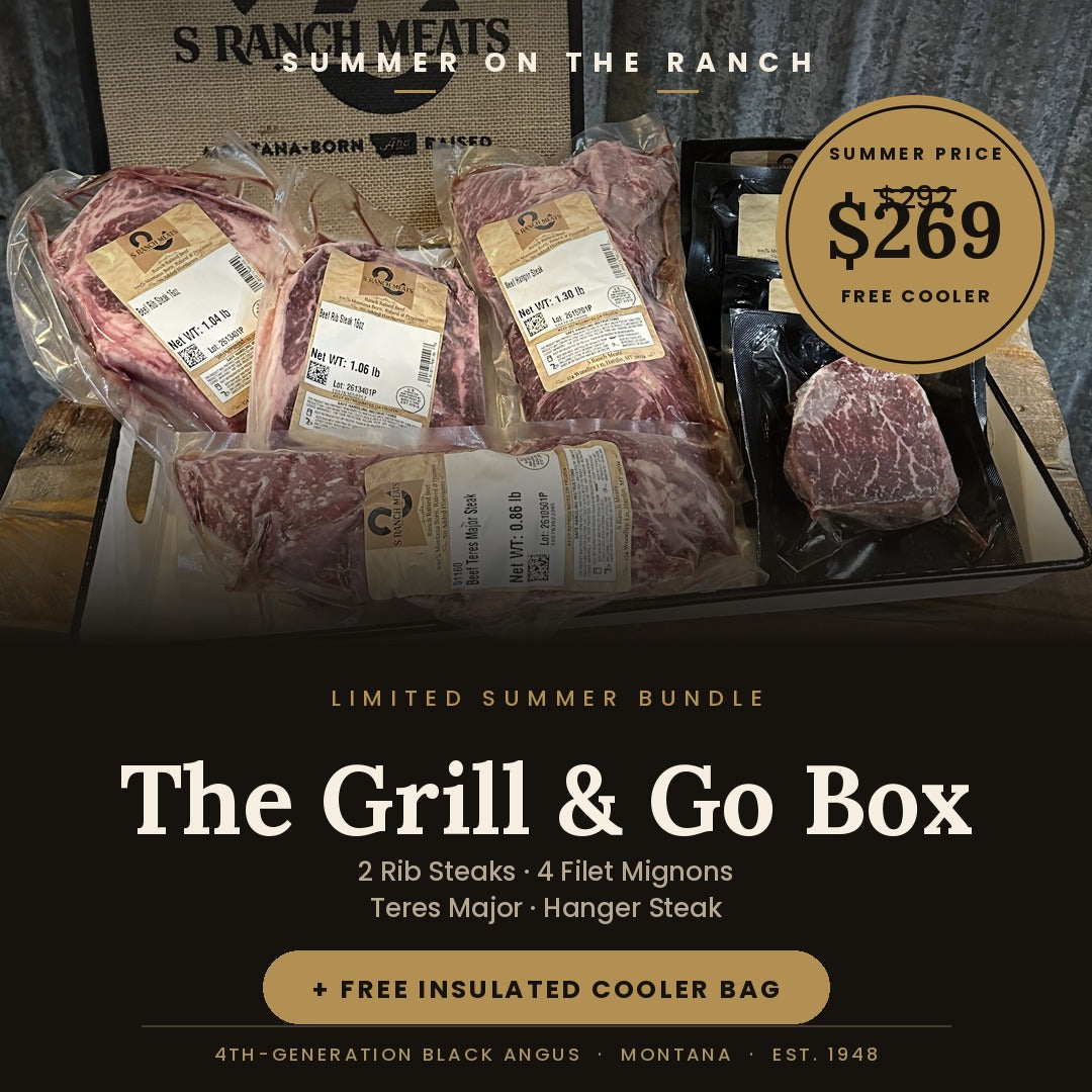 S Ranch Meats Grill & Go Box — Montana rib steaks, filet mignon, teres major and hanger steak with a free insulated cooler bag, $269.