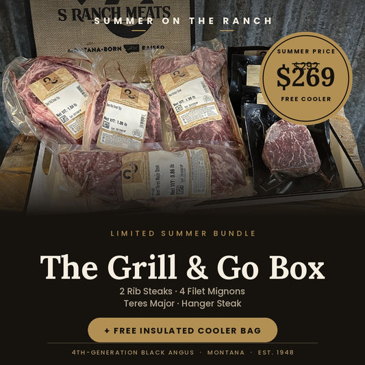 S Ranch Meats Grill & Go Box — Montana rib steaks, filet mignon, teres major and hanger steak with a free insulated cooler bag, $269.