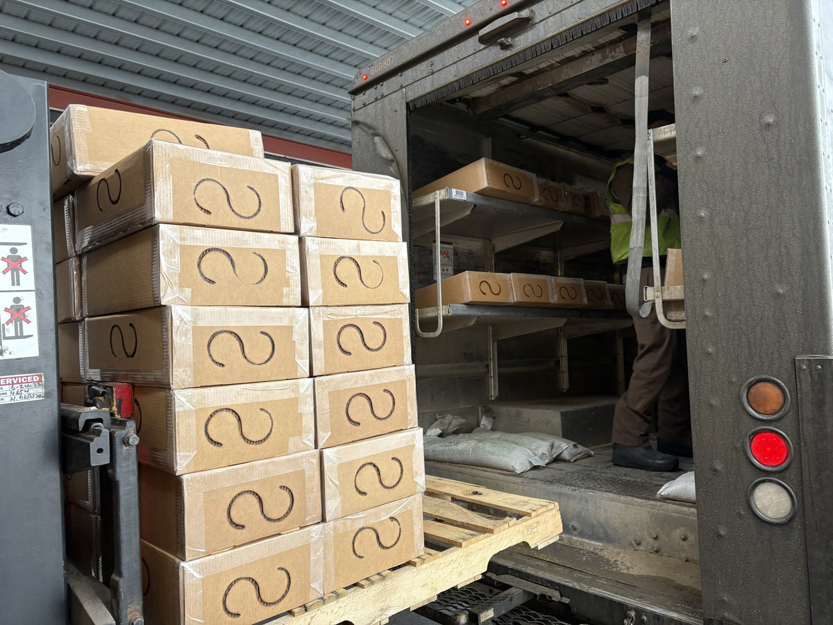 A pallet of S Ranch Meats beef boxes being loaded onto the UPS truck in Hardin, Montana