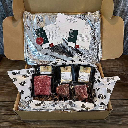 Montana Filet Mignon Gift Box packed with four filets, ground beef and a gift note card