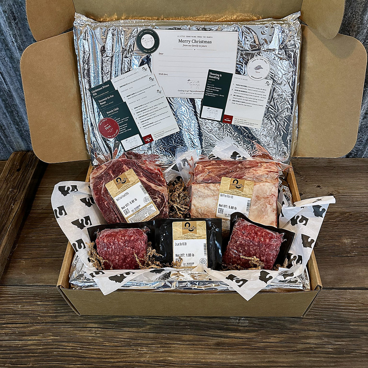 Montana Prime Rib Christmas Dinner Box packed with a prime rib roast, chuck roast and ground beef