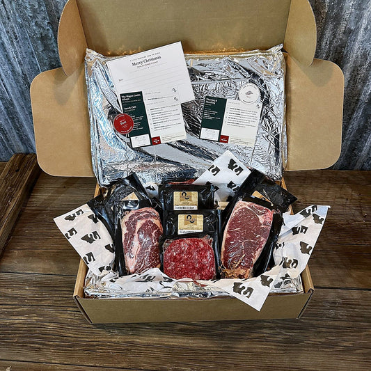 Montana Ribeye, New York and Burger Box packed with steaks and burger patties