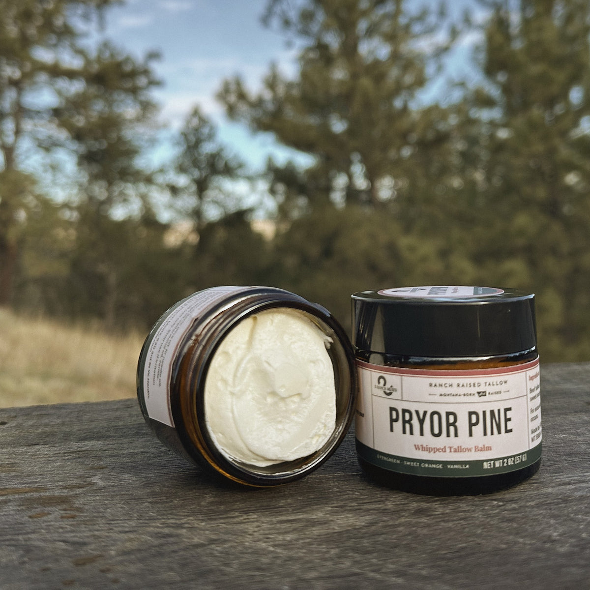 Pryor Pine mini tallow balm under Montana pines, S Ranch Meats Hardin Montana